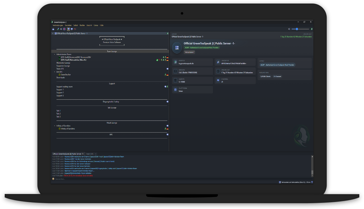 VoySpeak Client auf einem Laptop – Serverübersicht und Channel-Liste
